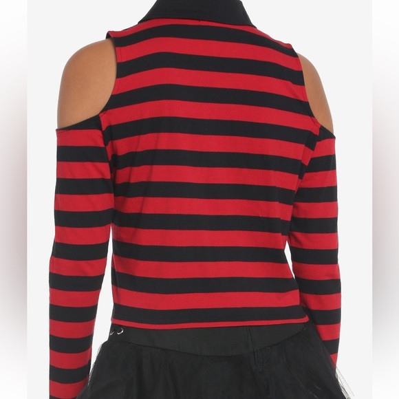 Black‎ & Red Stripe Cold Shoulder Long Sleeve Polo Shirt Hot Topic - Picture 3 of 3